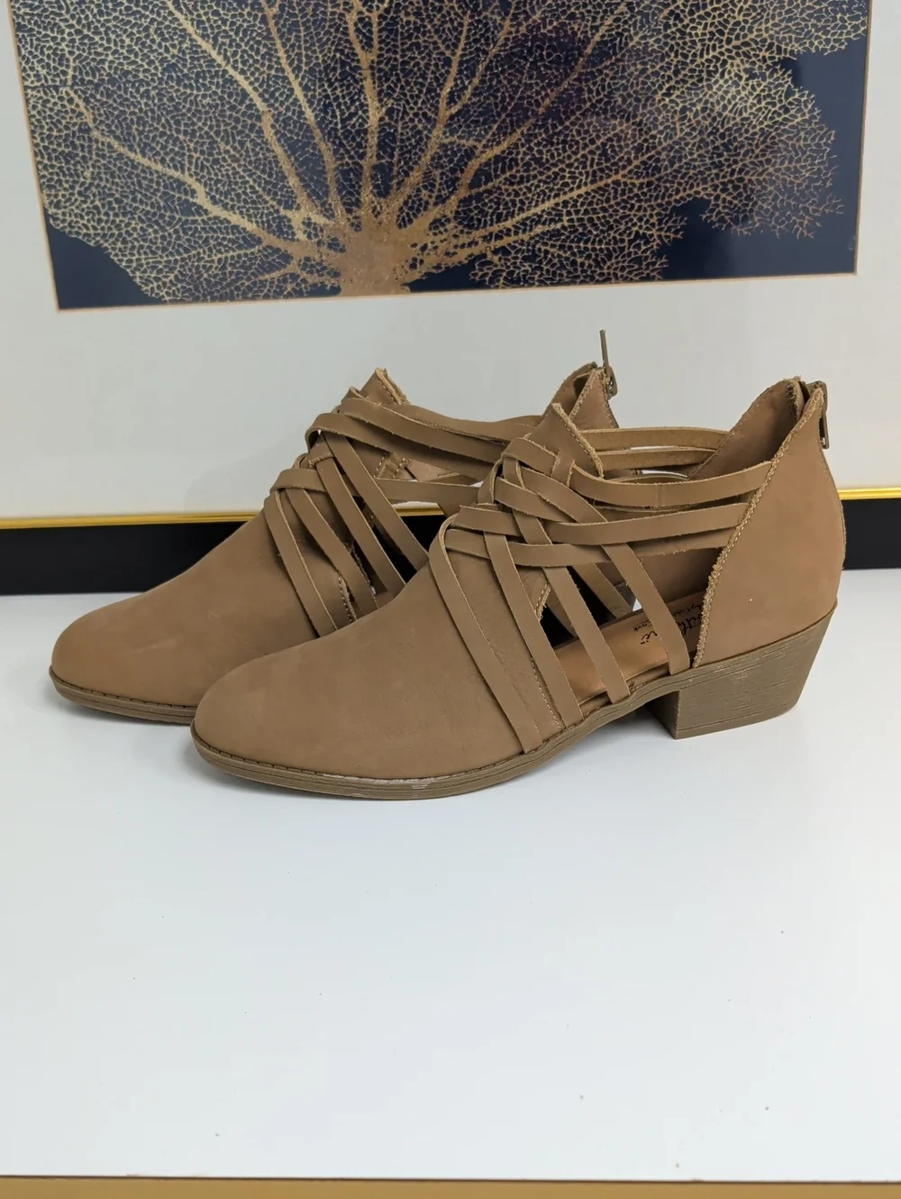 Coldwater Creek Tan Strappy Low Block Heel Ankle Booties